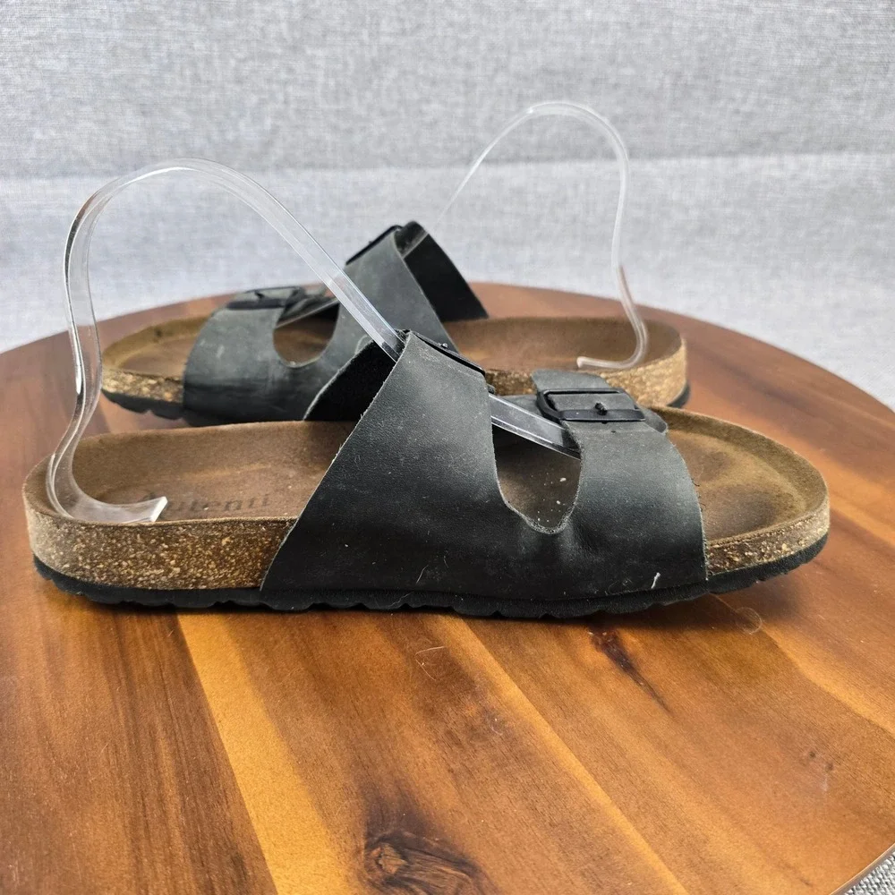 Aurenti Genuine Leather Black Double Strap Buckle Cork Footbed SlideSandals SZ11